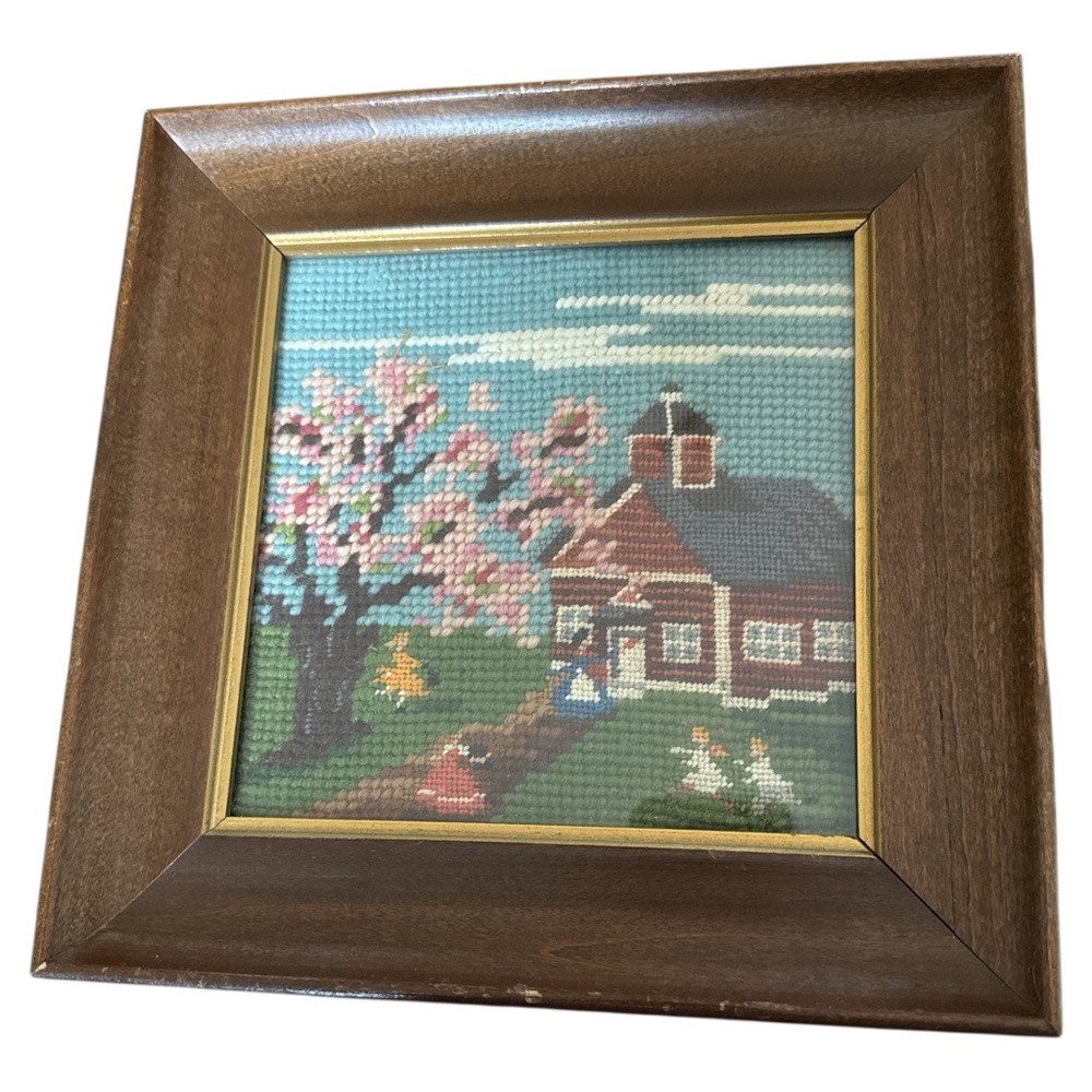 Vtg Needlepoint Folk Art Framed Country Farm Schoolhouse Outdoor Scene Handmade‎